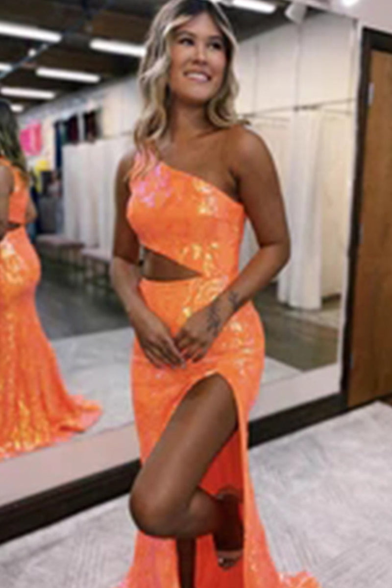 Load image into Gallery viewer, Sparkly Orange Sequin One Shoulder Long Prom Dress with Slit