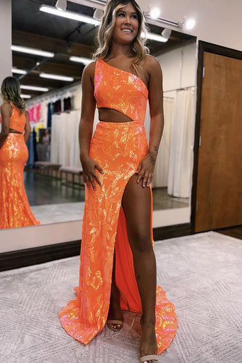 Sparkly Orange Sequin One Shoulder Long Prom Dress with Slit