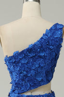 Load image into Gallery viewer, Sparkly Royal Blue One Shoulder Sequins Prom Dress with 3D Flowers