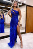 Load image into Gallery viewer, Sparkly Royal Blue One Shoulder Sequins Prom Dress with Feathers