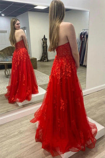 A Line Sweetheart Red Long Prom Dress with Appliques