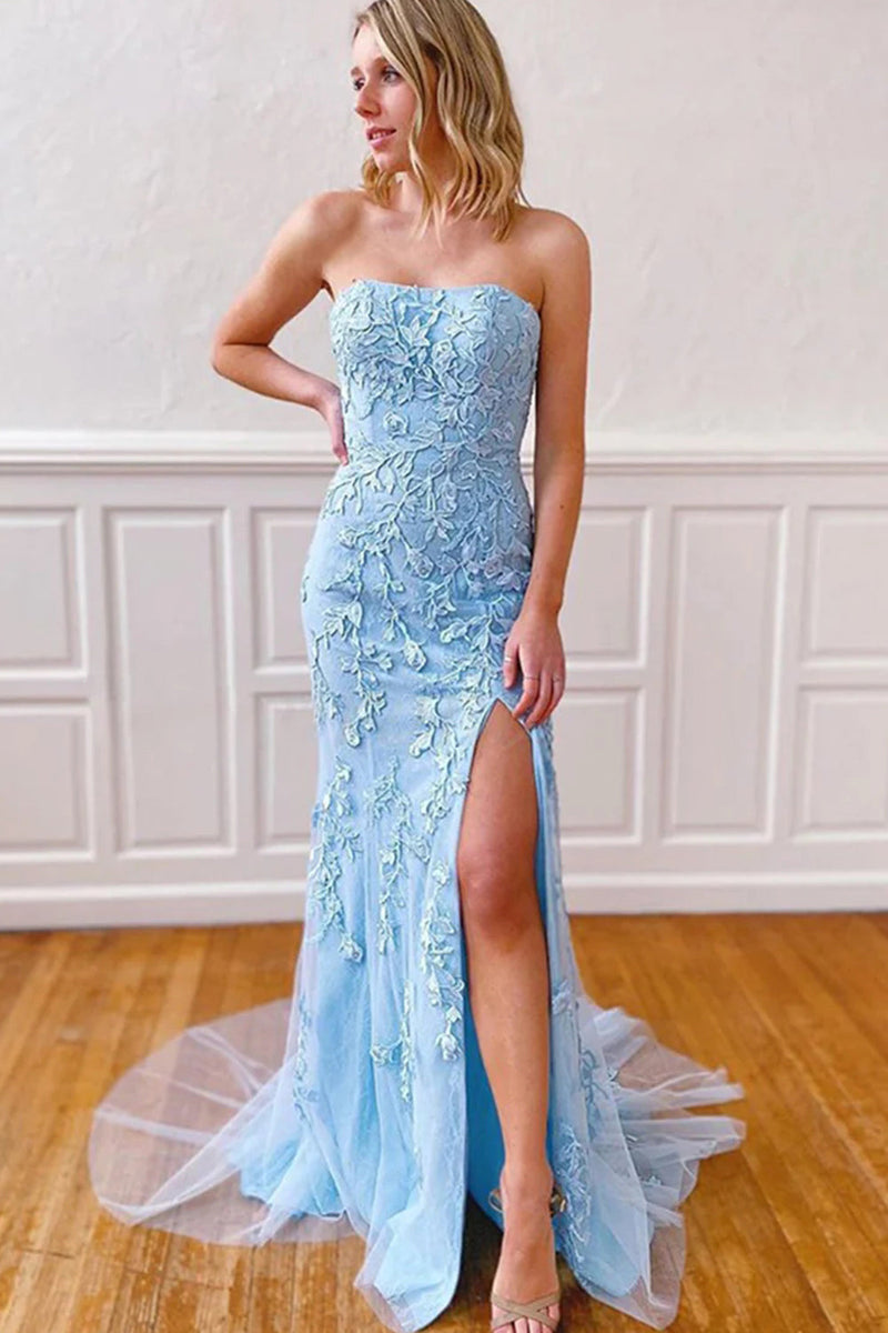 Load image into Gallery viewer, Pink Strapless Lace Long Prom Dress with Slit