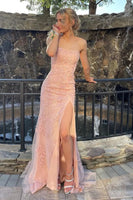 Load image into Gallery viewer, Women Pink Lace Maxi Prom Dress with Slit Strapless Mermaid Formal Dress with Appliques