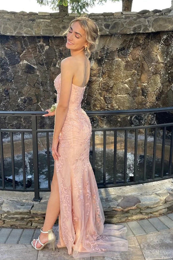 Pink Strapless Lace Long Prom Dress with Slit
