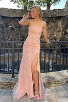 Load image into Gallery viewer, Pink Strapless Lace Appliqued Long Prom Dress with Slit