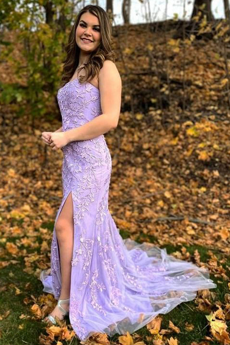 Load image into Gallery viewer, Pink Strapless Lace Long Prom Dress with Slit