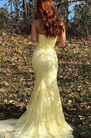 Load image into Gallery viewer, Women Yellow Lace Long Prom Dress with Slit Strapless Mermaid Formal Dress
