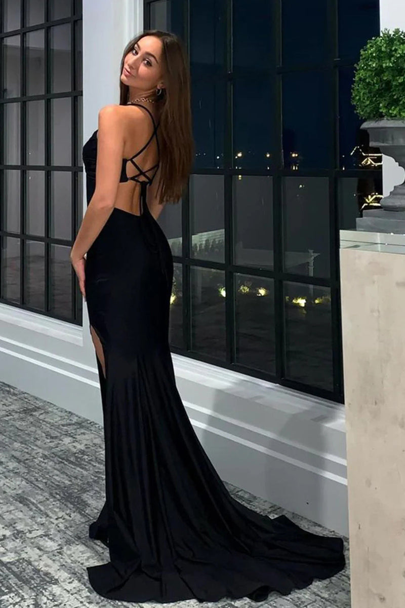 Load image into Gallery viewer, Mermaid Black Halter Long Prom Dress with Slit