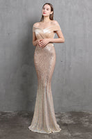 Load image into Gallery viewer, Gold Mermaid Sequin Long Prom Dress