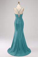 Load image into Gallery viewer, Stunning Black Mermaid Spaghetti Straps Corset Prom Dress with Split Front