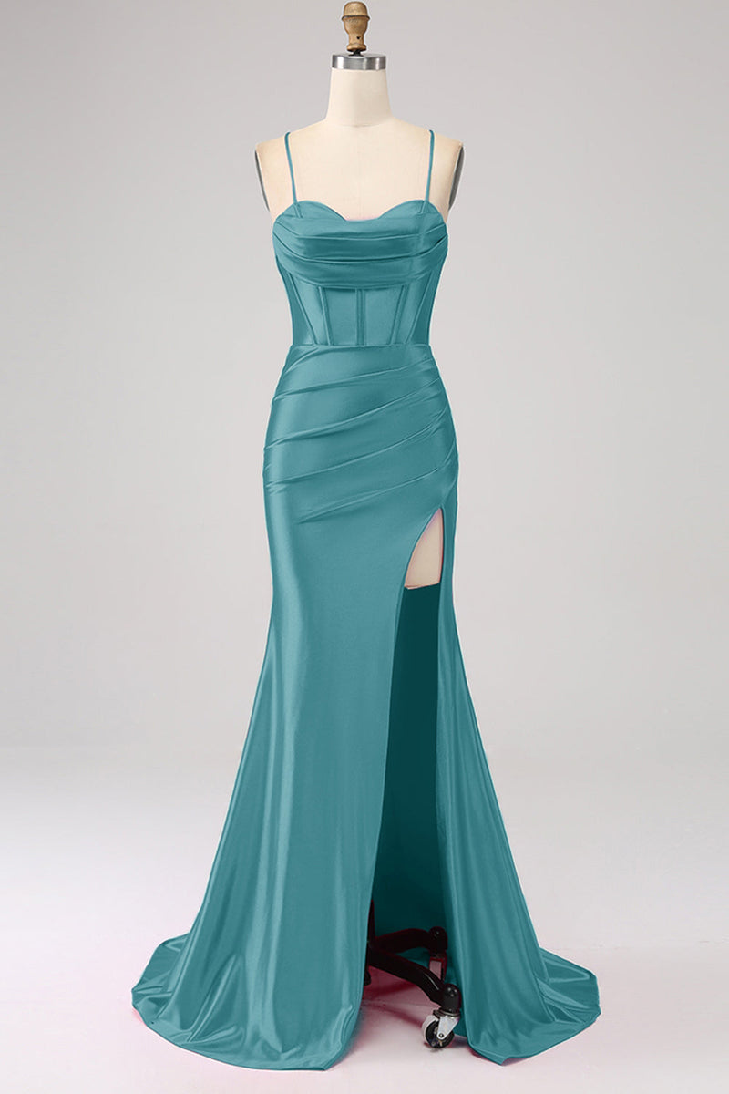 Load image into Gallery viewer, Stunning Black Mermaid Spaghetti Straps Corset Prom Dress with Split Front