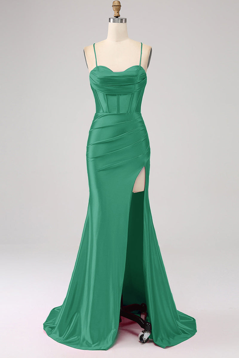 Load image into Gallery viewer, Stunning Black Mermaid Spaghetti Straps Corset Prom Dress with Split Front