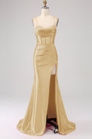 Load image into Gallery viewer, Stunning Black Mermaid Spaghetti Straps Corset Prom Dress with Split Front