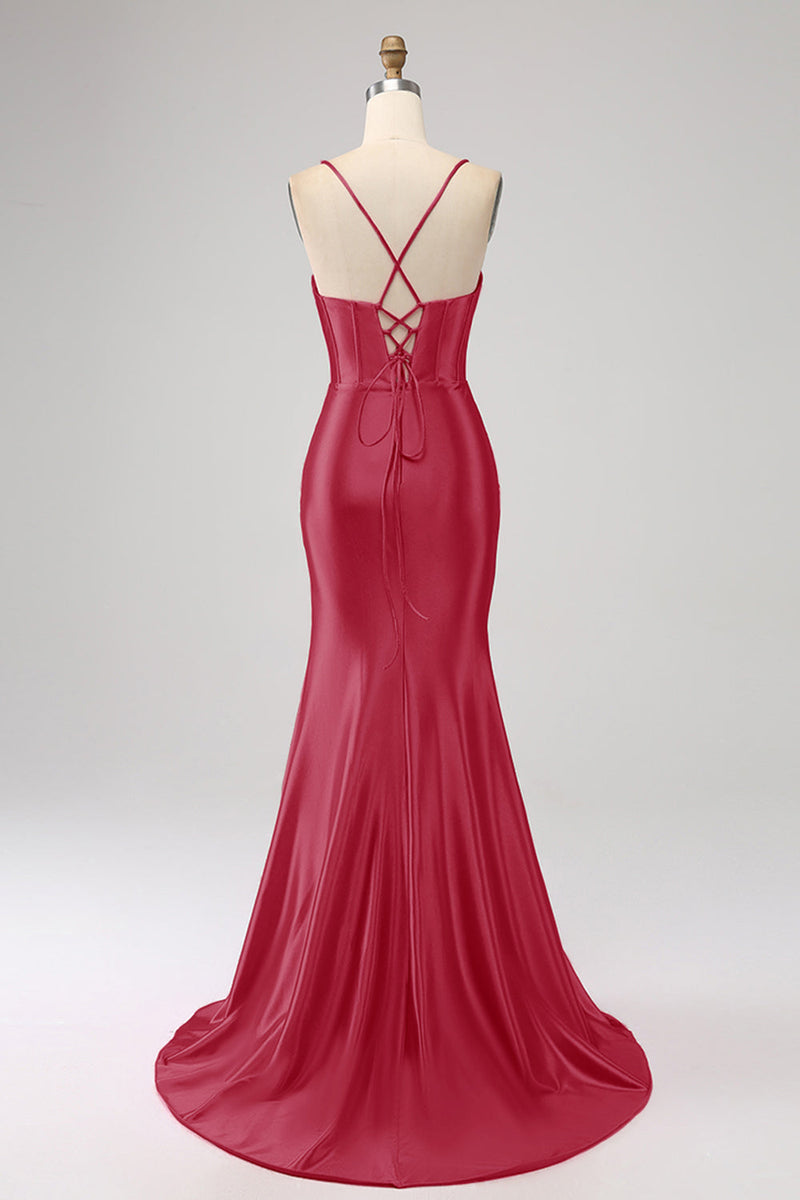 Load image into Gallery viewer, Stunning Black Mermaid Spaghetti Straps Corset Prom Dress with Split Front