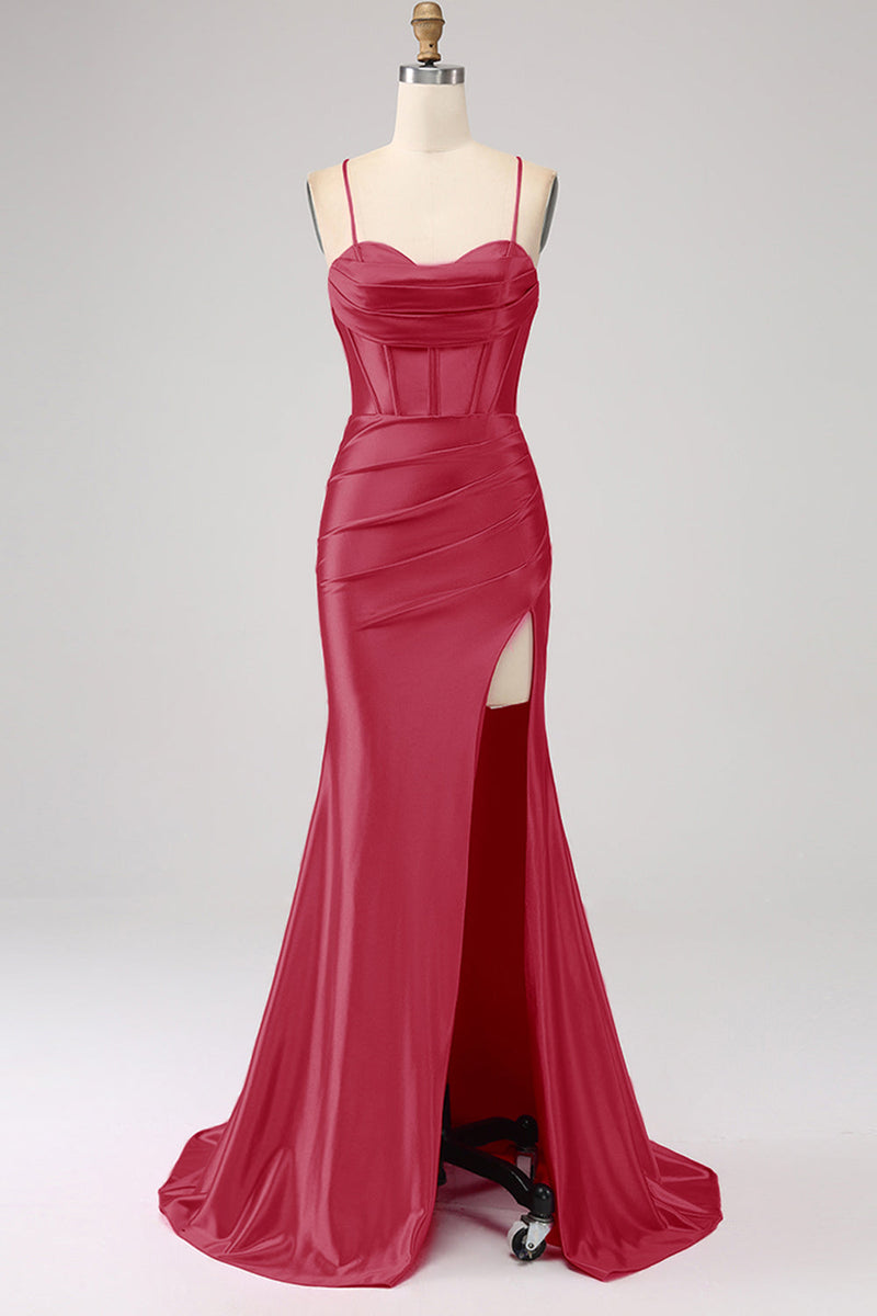 Load image into Gallery viewer, Stunning Black Mermaid Spaghetti Straps Corset Prom Dress with Split Front