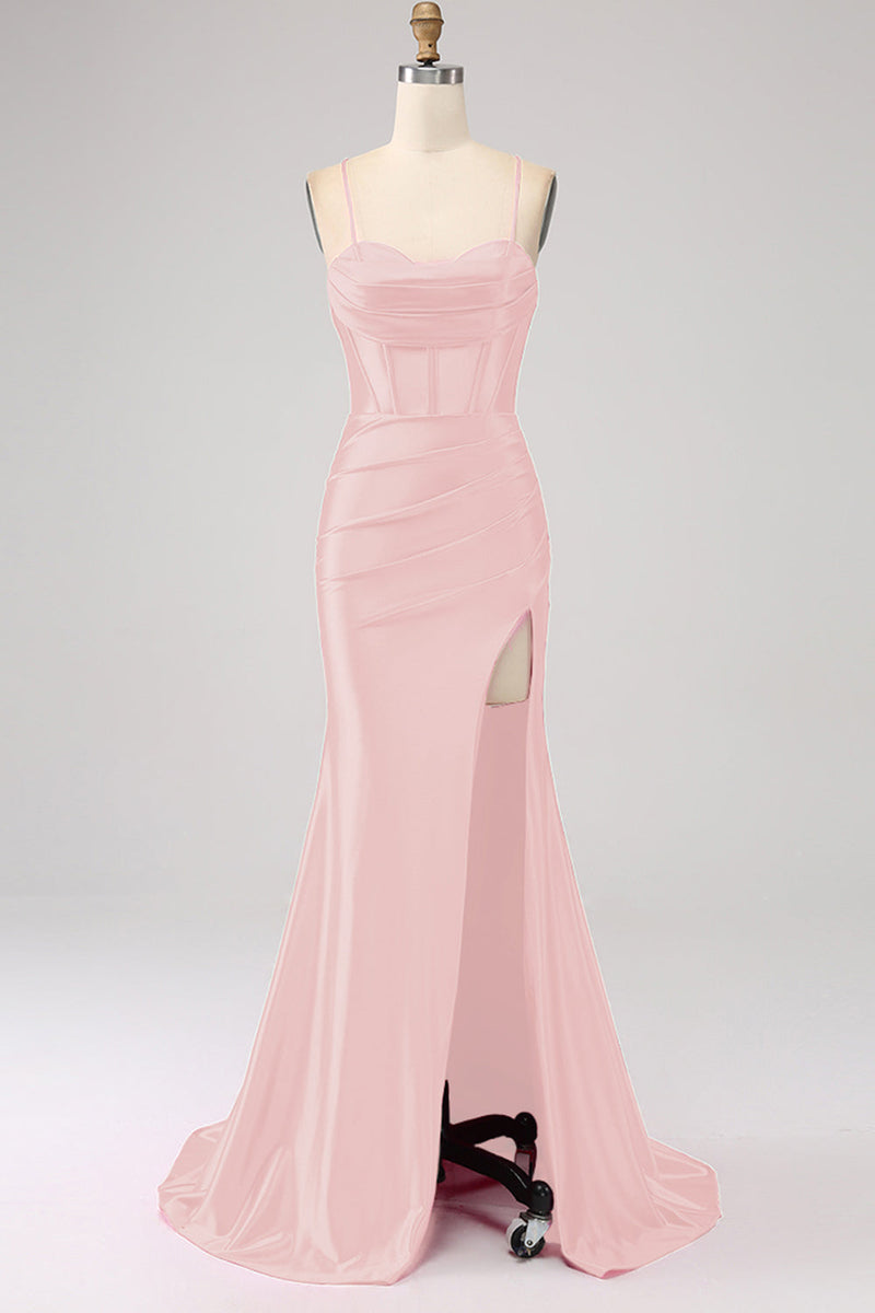 Load image into Gallery viewer, Stunning Black Mermaid Spaghetti Straps Corset Prom Dress with Split Front