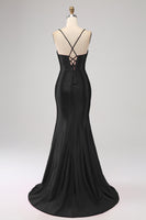 Load image into Gallery viewer, Stunning Black Mermaid Spaghetti Straps Corset Prom Dress with Split Front