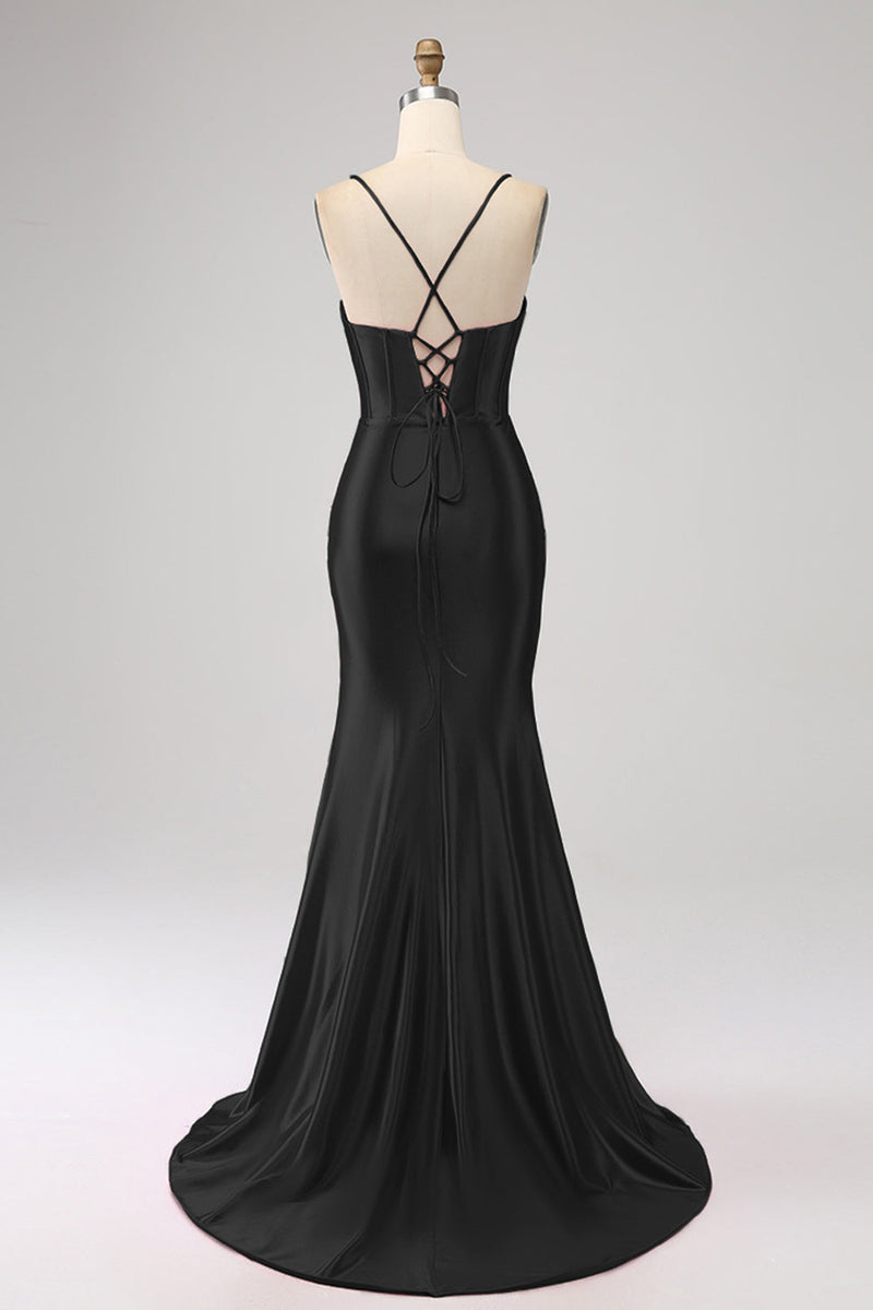 Load image into Gallery viewer, Stunning Black Mermaid Spaghetti Straps Corset Prom Dress with Split Front