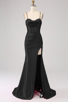 Load image into Gallery viewer, Stunning Black Mermaid Spaghetti Straps Corset Prom Dress with Split Front