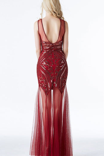 Red Long Tulle Sequin 1920s Dress