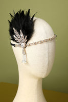 Load image into Gallery viewer, Black Beaded Feather Pearl 1920s Flapper Headband