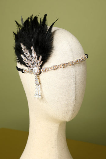 Black Beaded Feather Pearl 1920s Flapper Headband