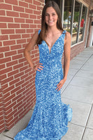 Load image into Gallery viewer, Mermaid Black V-Neck Sequins Long Prom Dress