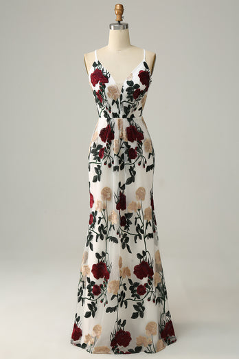 Mermaid Ivory Flower Printed Long Prom Dress