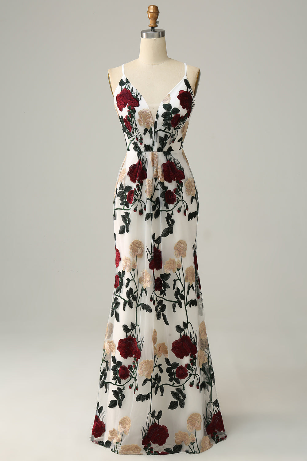 Mermaid Ivory Flower Printed Long Prom Dress