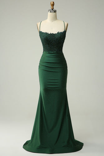Mermaid Halter Dark Green Long Prom Dress with Beading