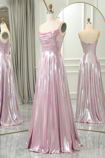 Sparkly Pink A Line Spaghetti Straps Long Prom Dress With Slit