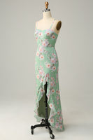 Load image into Gallery viewer, Mermaid Spaghetti Straps Flower Printed Light Green Long Prom Dress