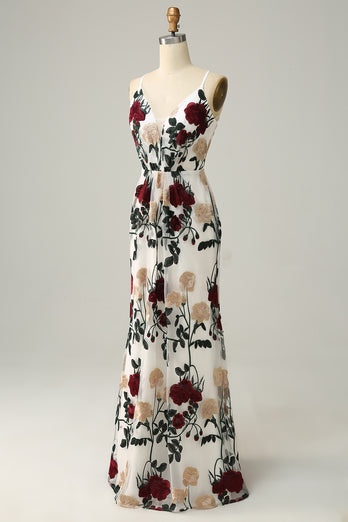 Mermaid Ivory Flower Printed Long Prom Dress