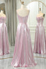 Load image into Gallery viewer, Sparkly Pink A Line Spaghetti Straps Long Prom Dress With Slit