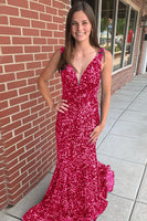 Load image into Gallery viewer, Mermaid Blue V-Neck Sequins Long Prom Dress