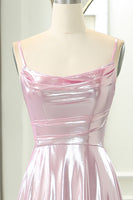 Load image into Gallery viewer, Sparkly Pink A Line Spaghetti Straps Long Prom Dress With Slit