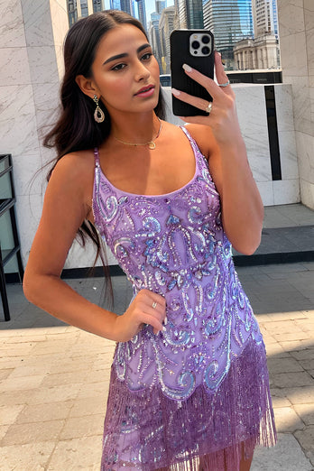 Sparkly Purple Sequins Spaghetti Straps Short Prom Dress with Fringes