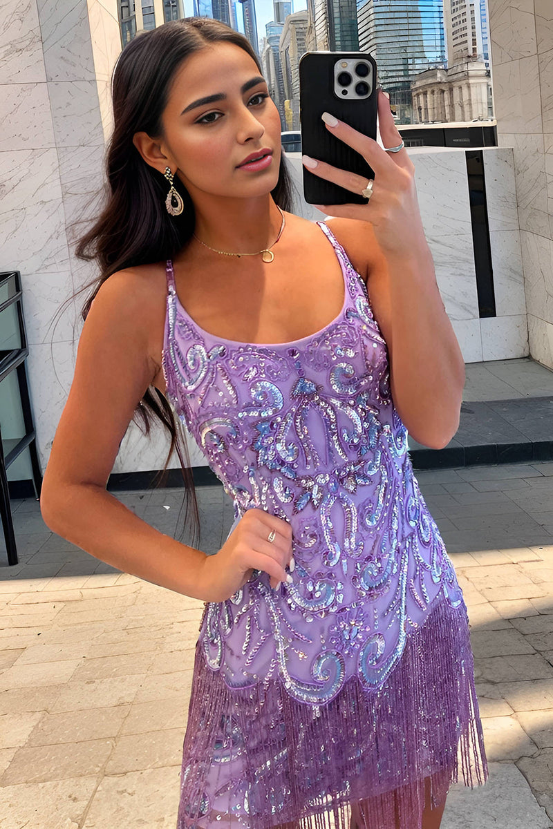 Load image into Gallery viewer, Sparkly Purple Sequins Spaghetti Straps Short Prom Dress with Fringes
