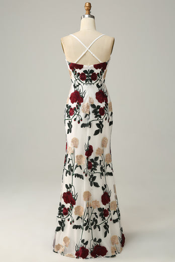 Mermaid Ivory Flower Printed Long Prom Dress
