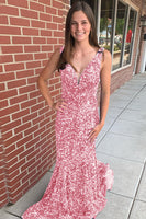 Load image into Gallery viewer, Mermaid Blue V-Neck Sequins Long Prom Dress