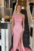 Load image into Gallery viewer, Sheath One Shoulder White Sequins Long Prom Dress with Split Front