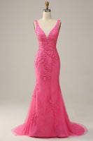 Load image into Gallery viewer, Mermaid Deep V Neck Pink Long Prom Dress with Appliques
