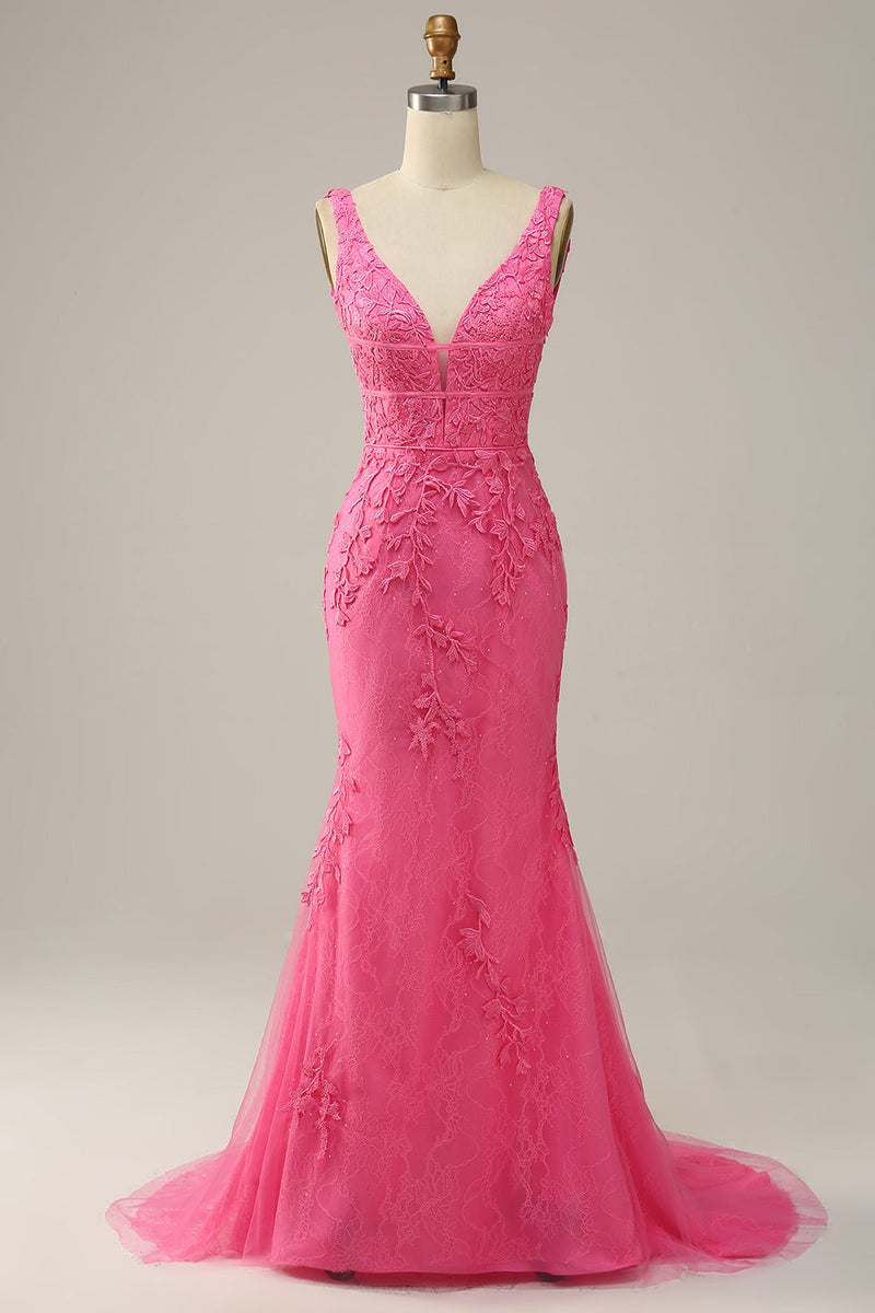 Load image into Gallery viewer, Mermaid Deep V Neck Pink Long Prom Dress with Appliques