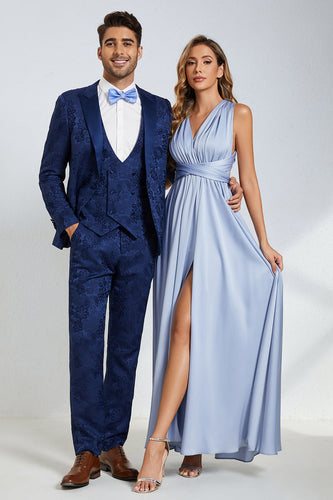 Peak Lapel One Button Dark Blue Jacquard Men's Wedding Party Suits