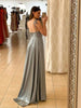 Load image into Gallery viewer, A-Line Spaghetti Straps Light Green Satin Long Prom Dress with Slit