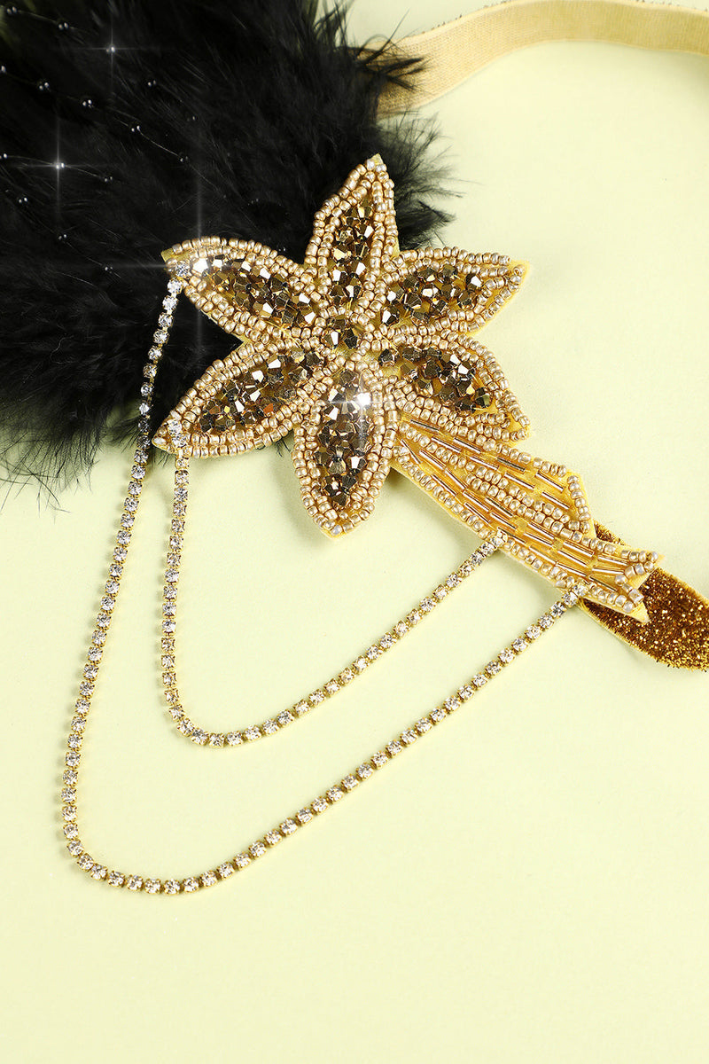 Load image into Gallery viewer, 1920s Black and Gold Feather Beaded Headband