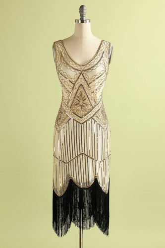 Champagne and Black Sequin Bodycon 1920s Dress