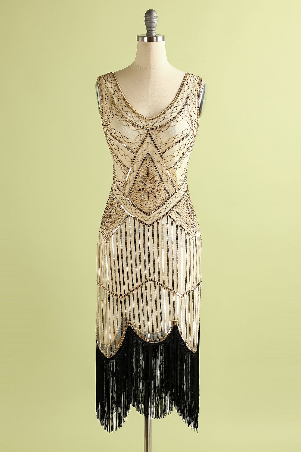 Champagne and Black Sequin Bodycon 1920s Dress