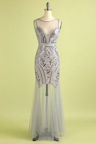 Silver Long Tulle Sequin 1920s Dress