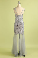 Load image into Gallery viewer, Silver Long Tulle Sequin 1920s Dress